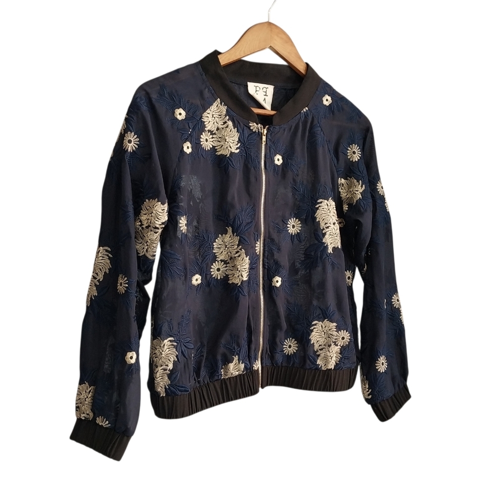 PPLA Starlit Woven Bomber Size Medium Mesh Navy Blue Embellished Zip Jacket - Picture 4 of 12